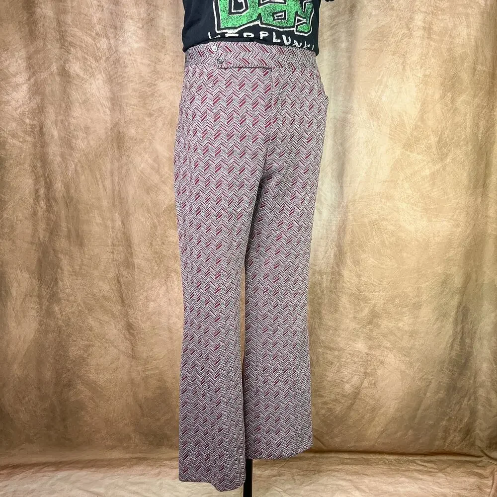 Vintage 70s Polyester Pants Chevron Stripe High Rise Red Gray Flare Retro Disco